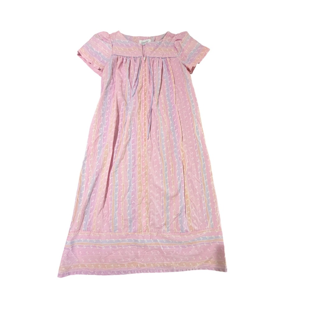 Vintage Komar Nightgown Pink Striped Floral Zip Front House Dress Pocket L